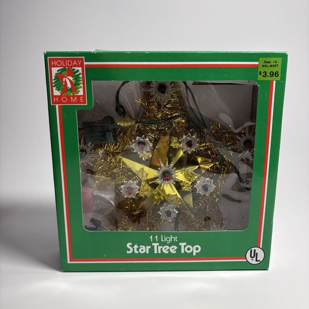 Vintage Star Shaped Gold Tinsel Christmas Tree Topper 11 Lights Holiday - Works